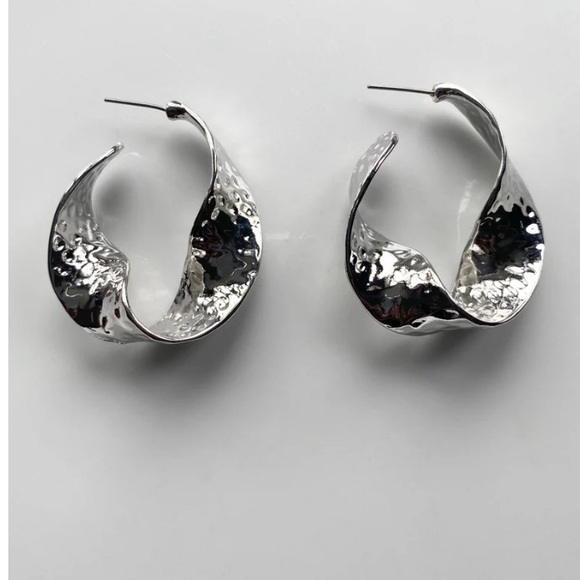 New Silver Hammered Statement Hoop Earrings | Bold Curved Design - Picture 3 of 6